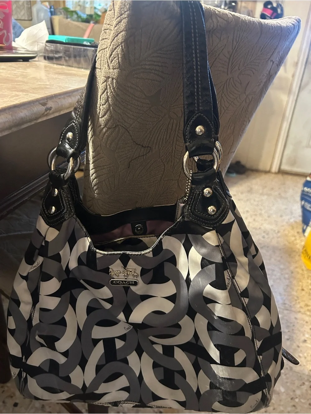Coach Black, Gray & White Signature Link Hobo Bag